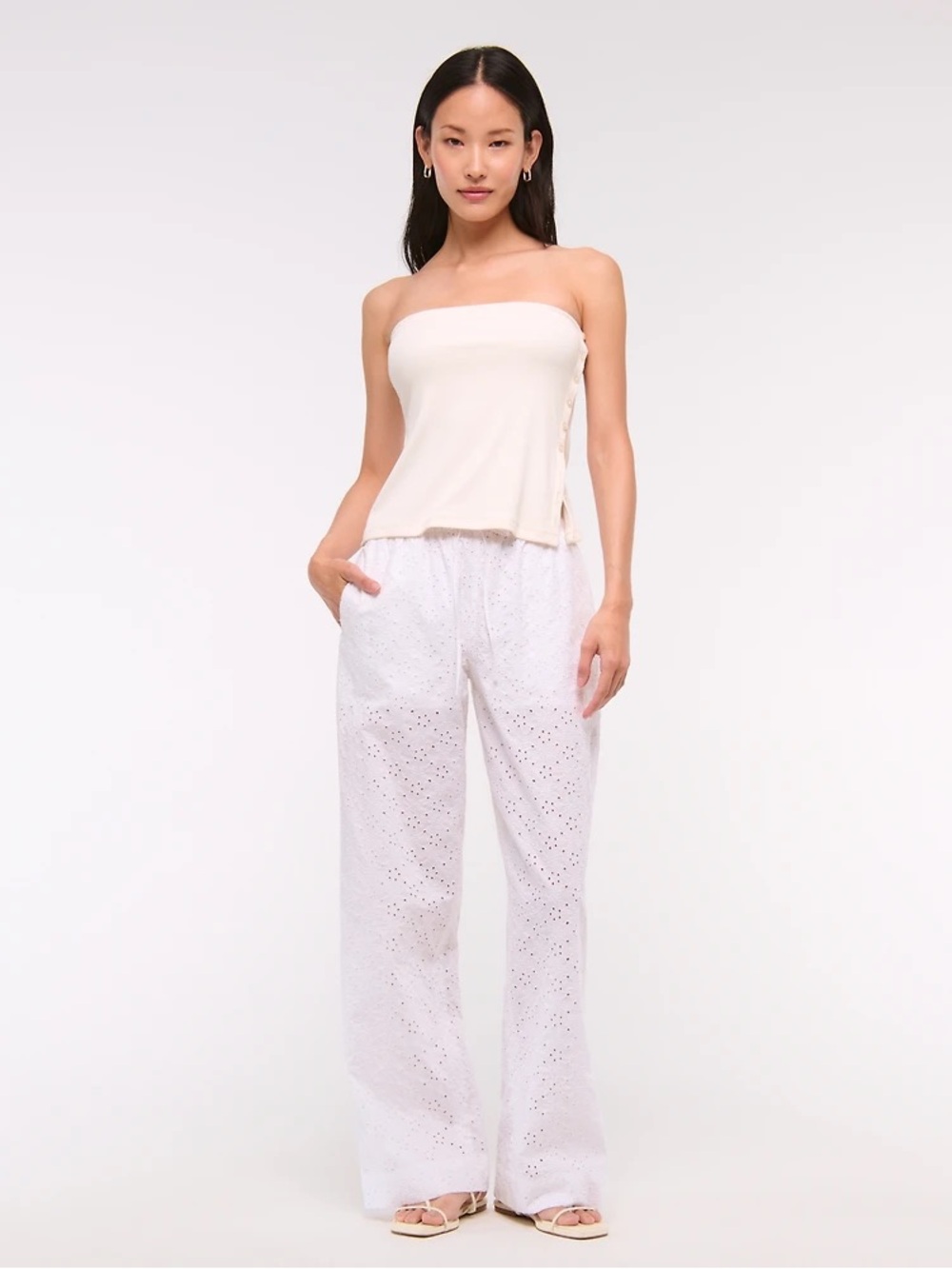 Abercrombie & Fitch wide leg eyelet pull on drawstring pants white, XS Long